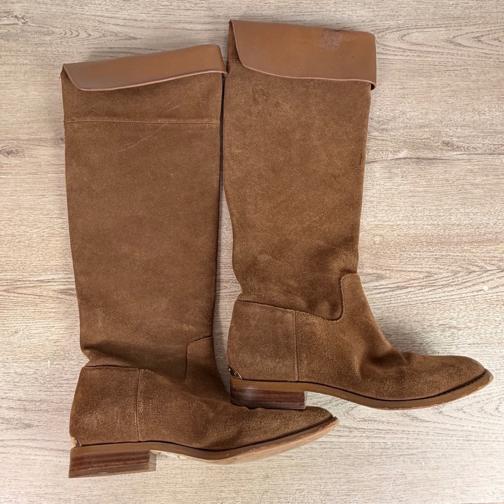 Michael Kors Suede Tall Boots Gold Heel Trim Brown Womens 7.5M